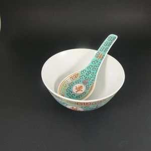 Bowl Authentic Hand-painted Chinese Porcelain Flower Pattern with Matching Spoon